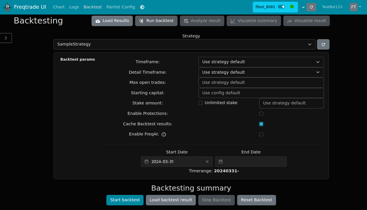 FreqUI - Backtesting