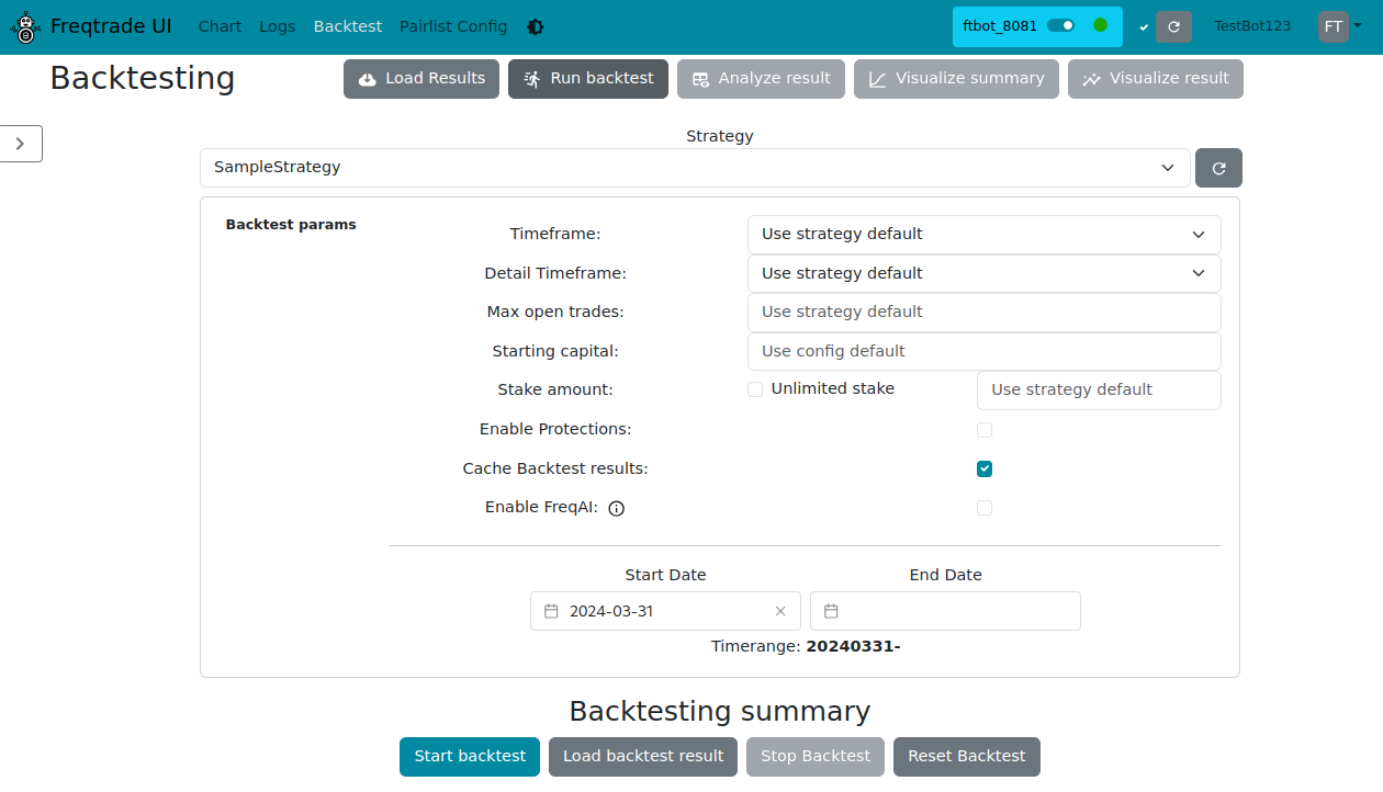 FreqUI - Backtesting